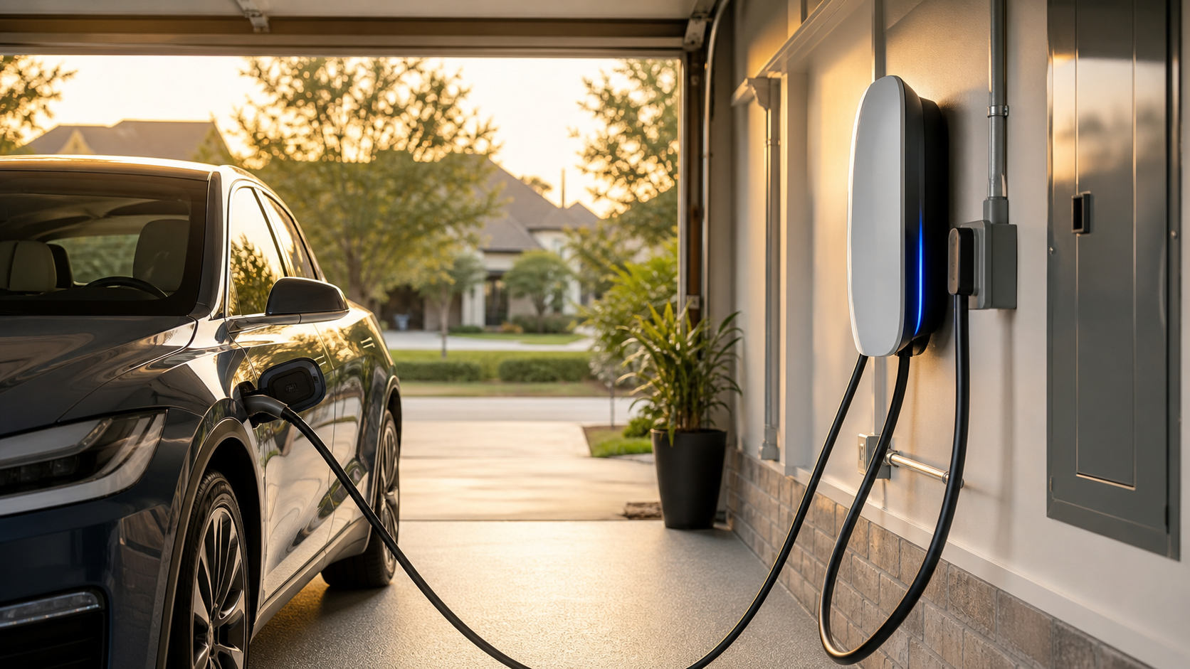 Home EV charger installed in a Cypress garage with an electric SUV plugged in